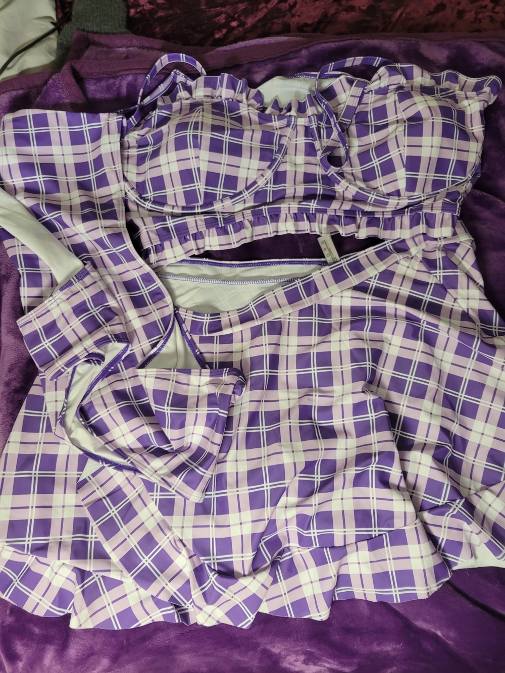 Rosegal Purple Plaid Bandeau Swim Set